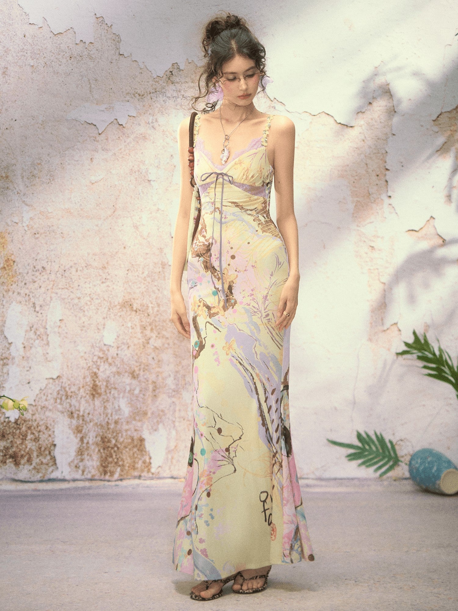 OfAkiva New Chinese Printed Spaghetti Strap Slim Fishtail Women&