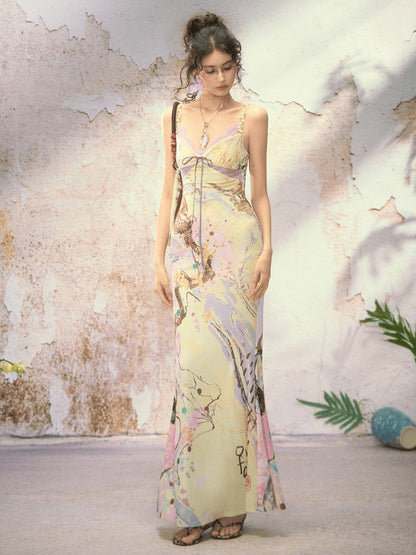 OfAkiva New Chinese Printed Spaghetti Strap Slim Fishtail Women&
