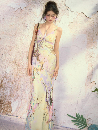 OfAkiva New Chinese Printed Spaghetti Strap Slim Fishtail Women&