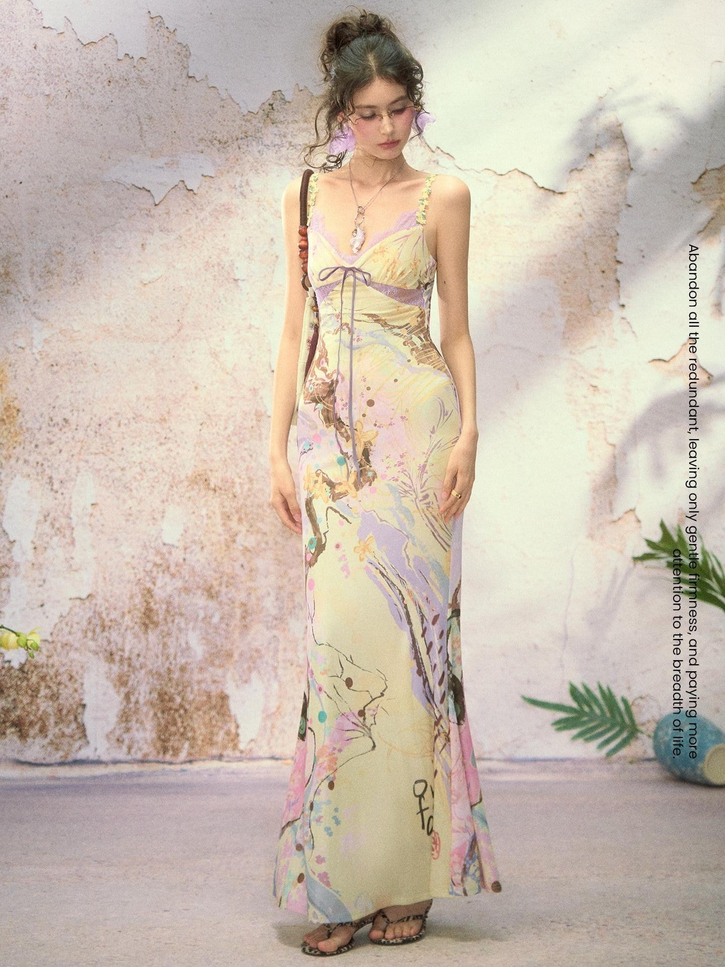 OfAkiva New Chinese Printed Spaghetti Strap Slim Fishtail Women&