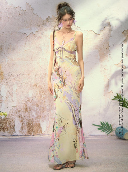 OfAkiva New Chinese Printed Spaghetti Strap Slim Fishtail Women&