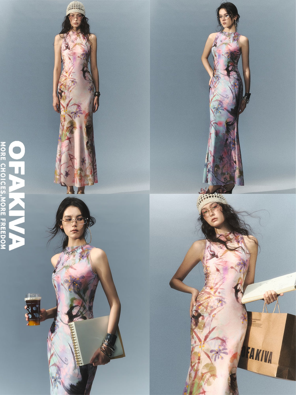 OfAkiva New Chinese Style Print Half High Neck Slim Fit Mermaid Women&
