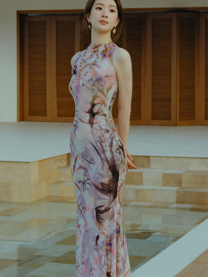 OfAkiva New Chinese Style Print Half High Neck Slim Fit Mermaid Women&