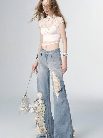 OfAkiva Nirvana Faded Blue Ripped Flared Jeans With Lace Trim