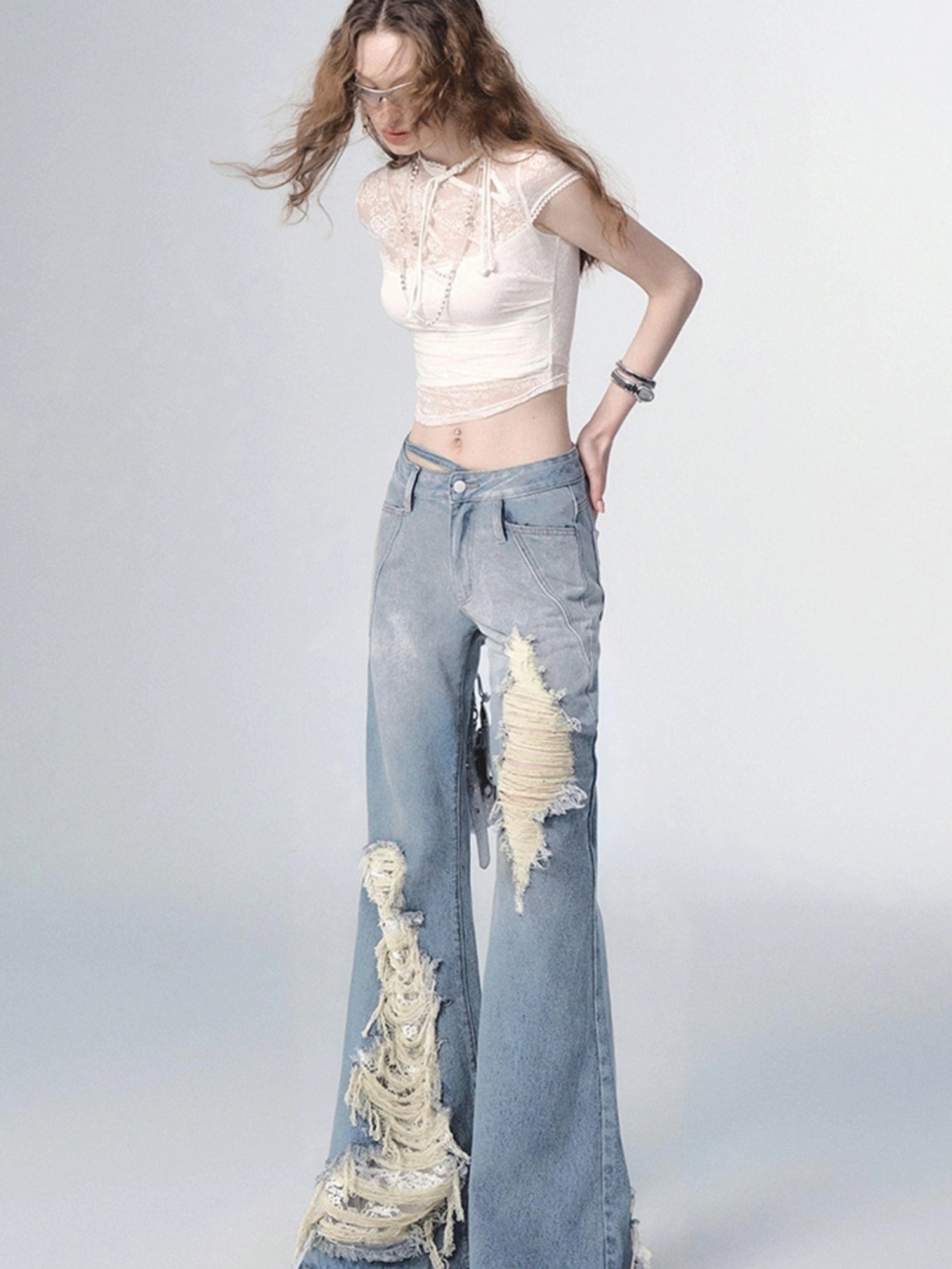 OfAkiva Nirvana Faded Blue Ripped Flared Jeans With Lace Trim