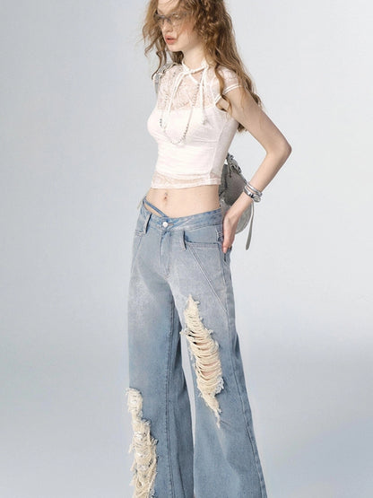 OfAkiva Nirvana Faded Blue Ripped Flared Jeans With Lace Trim