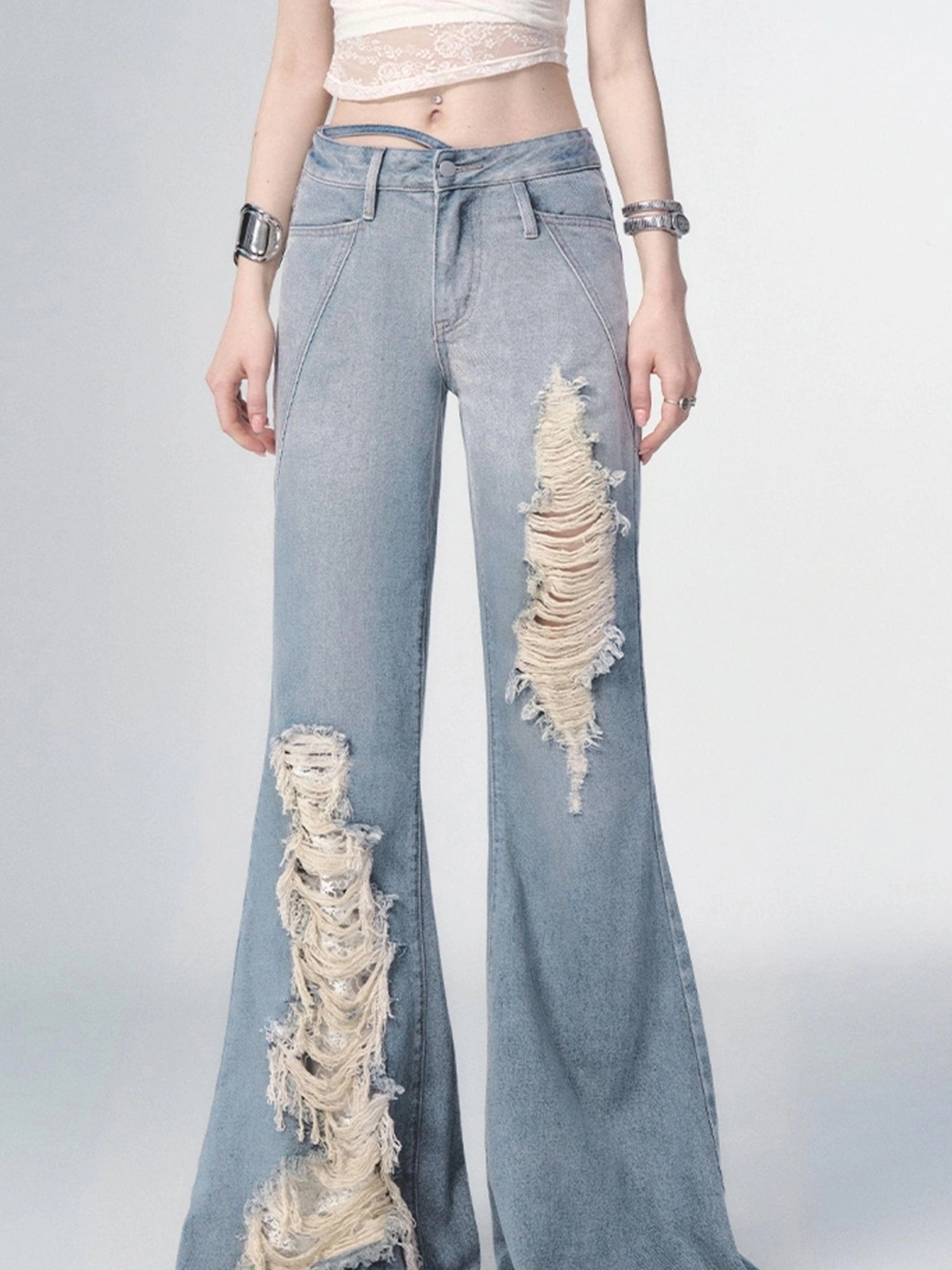 OfAkiva Nirvana Faded Blue Ripped Flared Jeans With Lace Trim