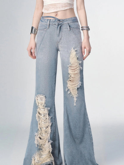 OfAkiva Nirvana Faded Blue Ripped Flared Jeans With Lace Trim