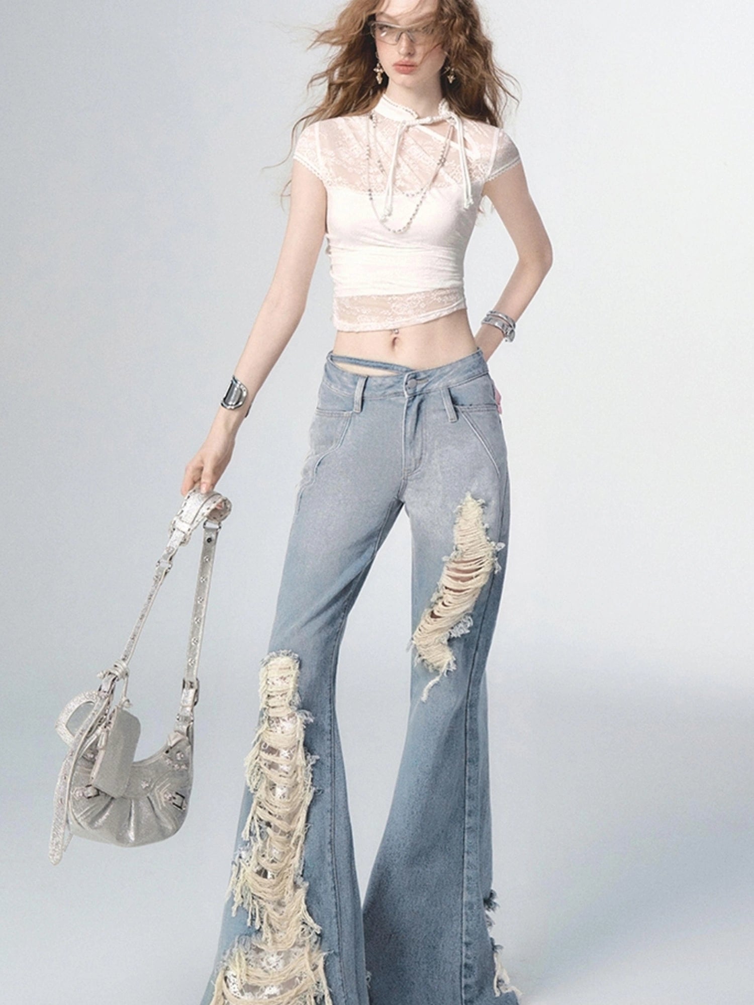 OfAkiva Nirvana Faded Blue Ripped Flared Jeans With Lace Trim