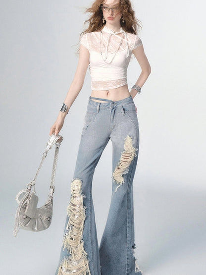 OfAkiva Nirvana Faded Blue Ripped Flared Jeans With Lace Trim