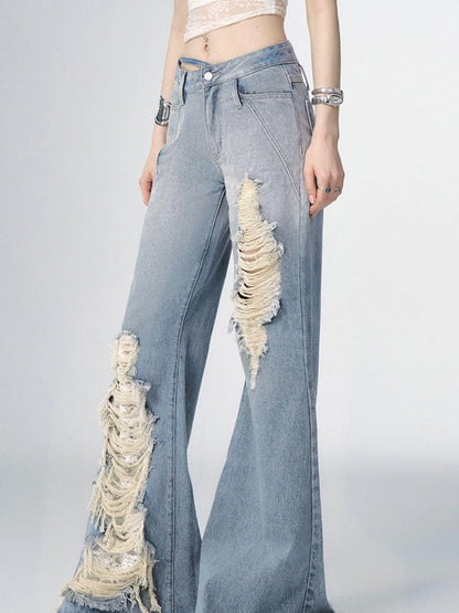 OfAkiva Nirvana Faded Blue Ripped Flared Jeans With Lace Trim