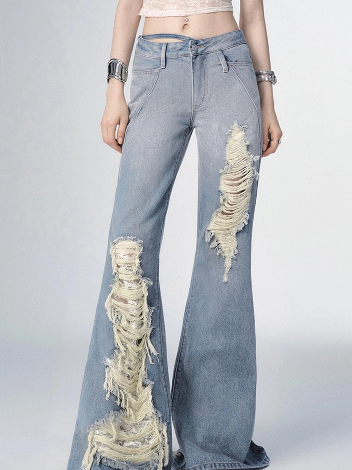 OfAkiva Nirvana Faded Blue Ripped Flared Jeans With Lace Trim