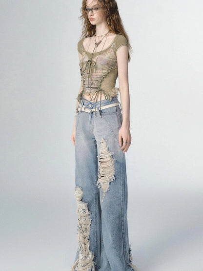 OfAkiva Nirvana Faded Blue Ripped Flared Jeans With Lace Trim