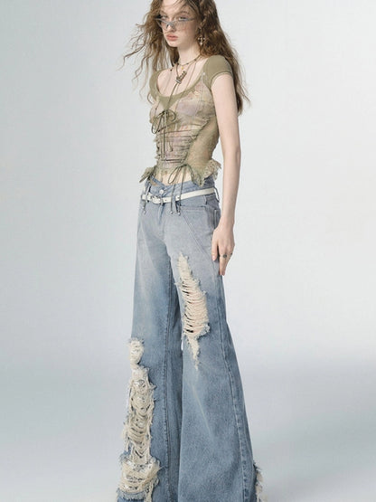 OfAkiva Nirvana Faded Blue Ripped Flared Jeans With Lace Trim