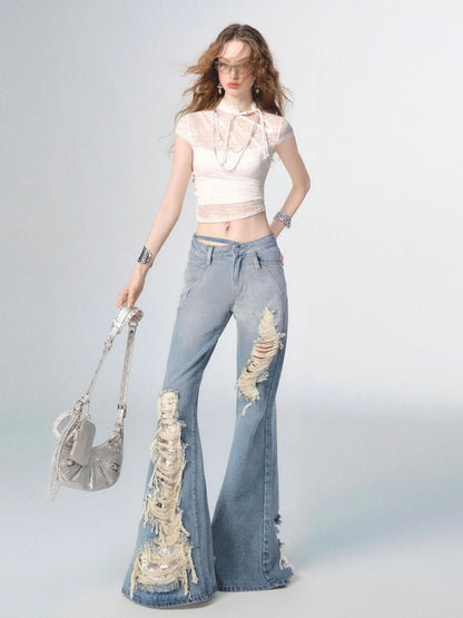 OfAkiva Nirvana Faded Blue Ripped Flared Jeans With Lace Trim