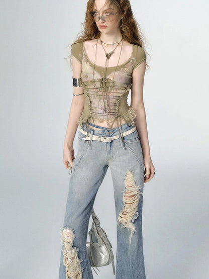 OfAkiva Nirvana Faded Blue Ripped Flared Jeans With Lace Trim