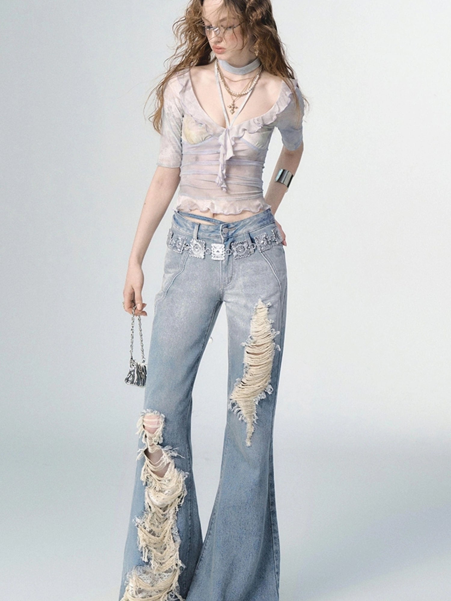 OfAkiva Nirvana Faded Blue Ripped Flared Jeans With Lace Trim