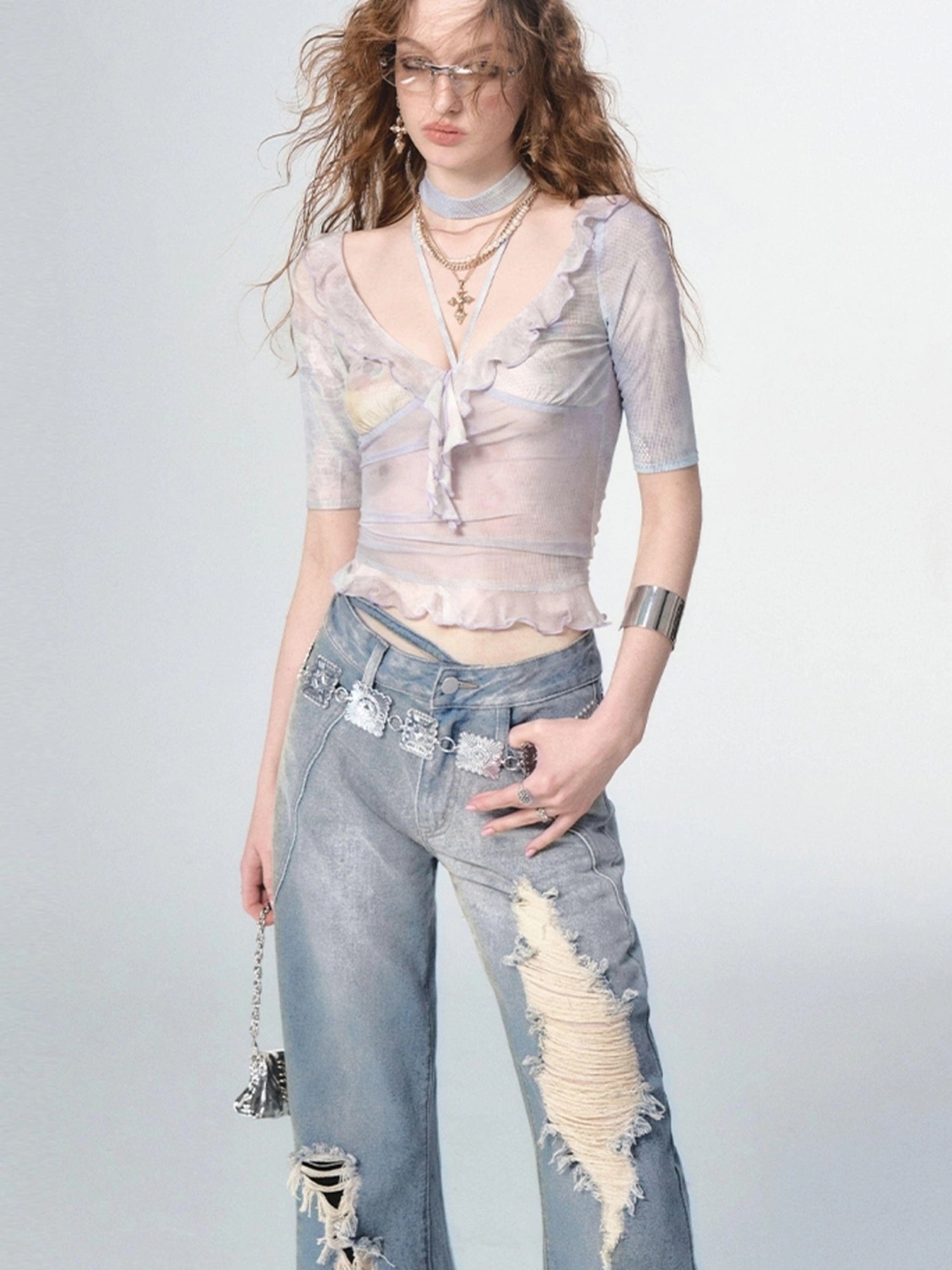 OfAkiva Nirvana Faded Blue Ripped Flared Jeans With Lace Trim