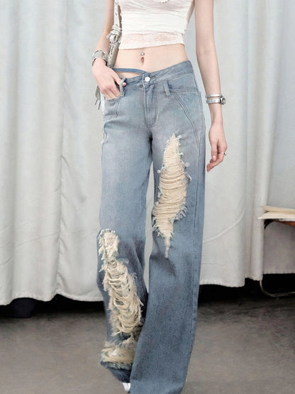 OfAkiva Nirvana Faded Blue Ripped Flared Jeans With Lace Trim