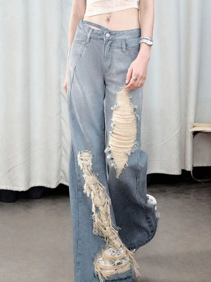 OfAkiva Nirvana Faded Blue Ripped Flared Jeans With Lace Trim