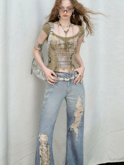 OfAkiva Nirvana Faded Blue Ripped Flared Jeans With Lace Trim