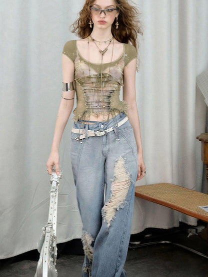 OfAkiva Nirvana Faded Blue Ripped Flared Jeans With Lace Trim