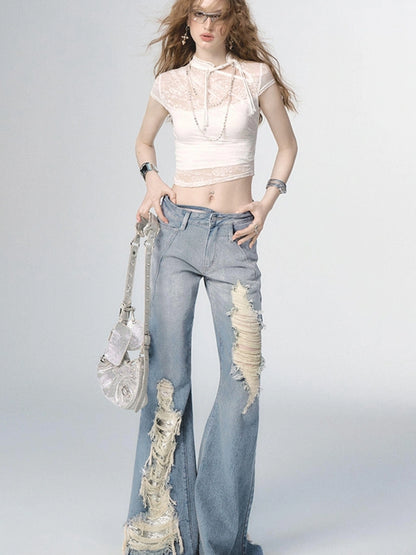 OfAkiva Nirvana Faded Blue Ripped Flared Jeans With Lace Trim