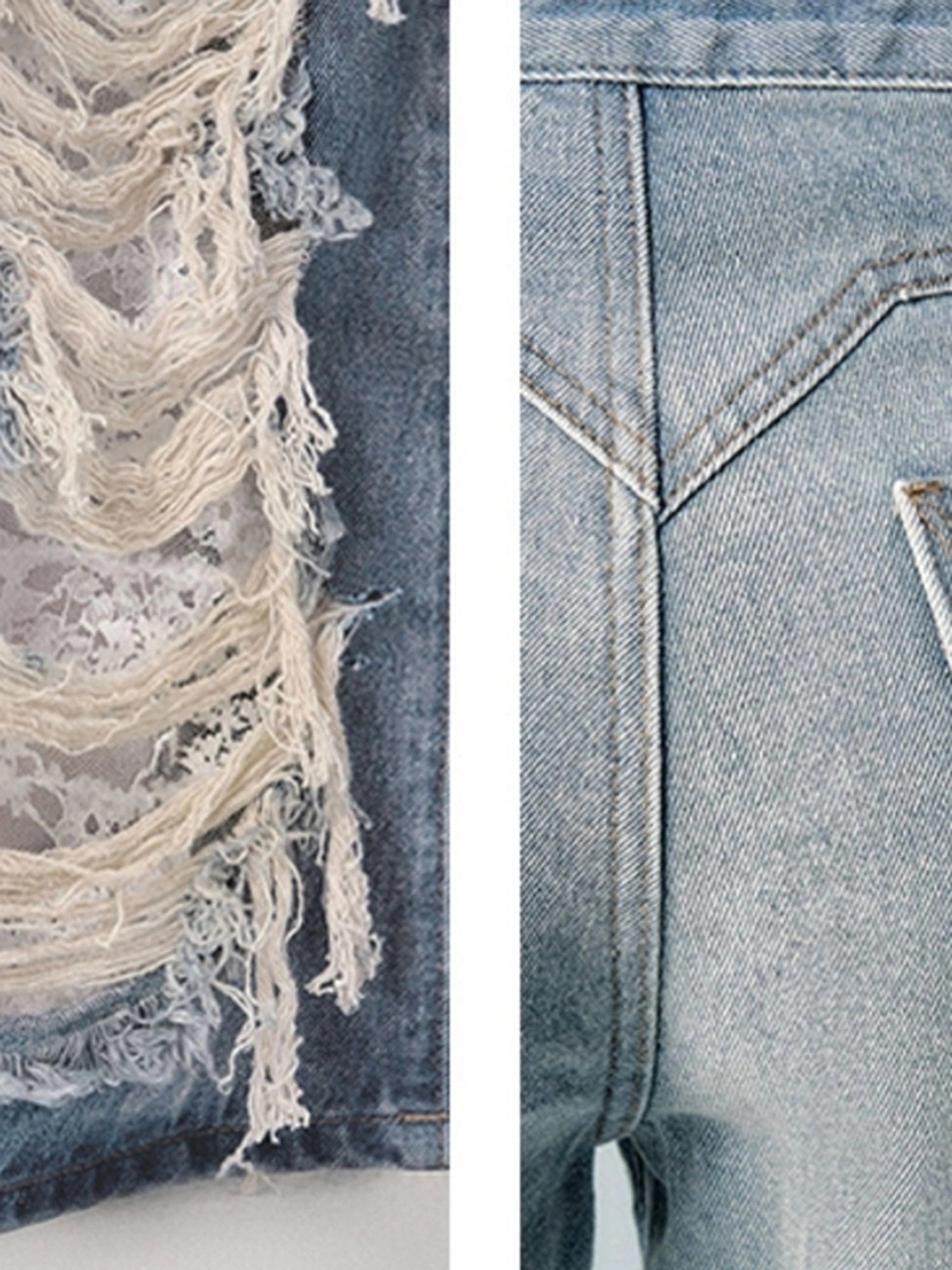 OfAkiva Nirvana Faded Blue Ripped Flared Jeans With Lace Trim