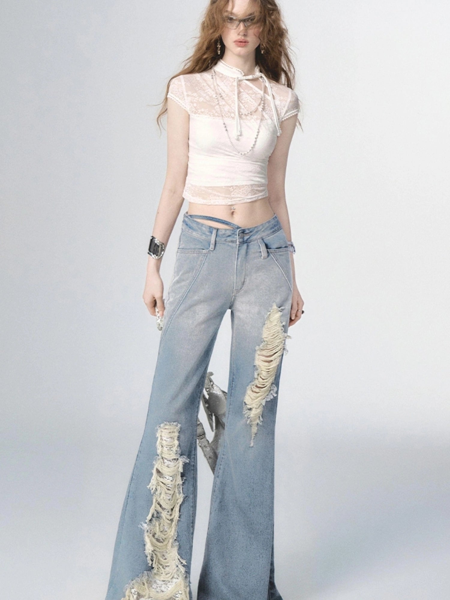 OfAkiva Nirvana Faded Blue Ripped Flared Jeans With Lace Trim