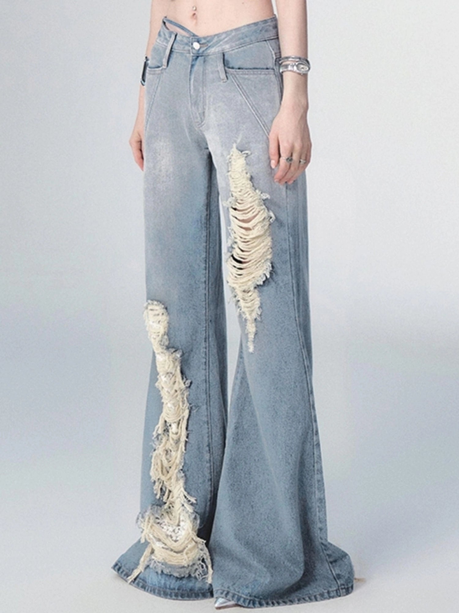 OfAkiva Nirvana Faded Blue Ripped Flared Jeans With Lace Trim