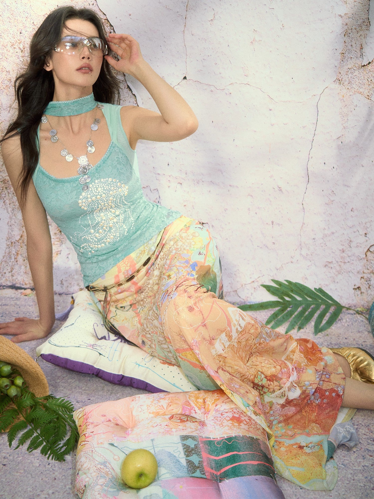 OfAkiva Ocean Treasure Jellyfish Pearl Rhinestone Ruched Straps Women&