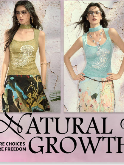 OfAkiva Ocean Treasure Jellyfish Pearl Rhinestone Ruched Straps Women&