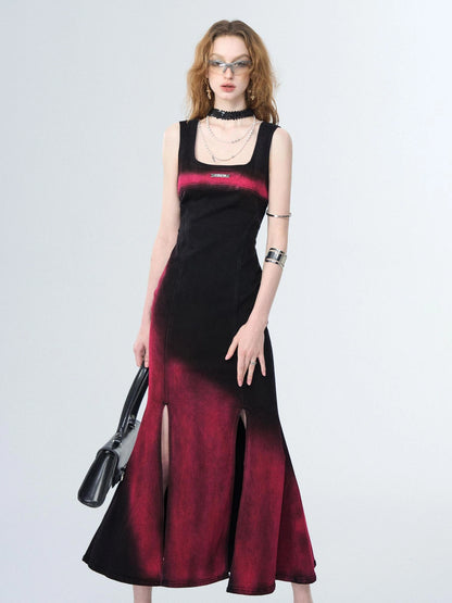 OfAkiva Of Akiva Key Color Faded Spray Dye Denim Maxi Skirt