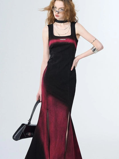 OfAkiva Of Akiva Key Color Faded Spray Dye Denim Maxi Skirt