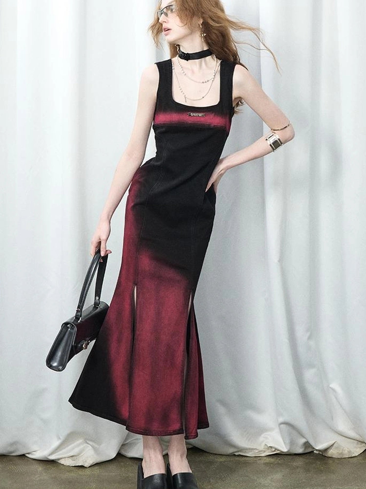 OfAkiva Of Akiva Key Color Faded Spray Dye Denim Maxi Skirt