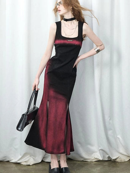 OfAkiva Of Akiva Key Color Faded Spray Dye Denim Maxi Skirt