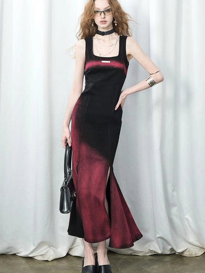 OfAkiva Of Akiva Key Color Faded Spray Dye Denim Maxi Skirt