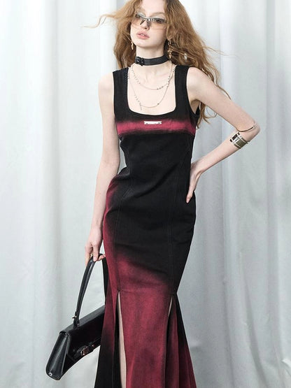 OfAkiva Of Akiva Key Color Faded Spray Dye Denim Maxi Skirt