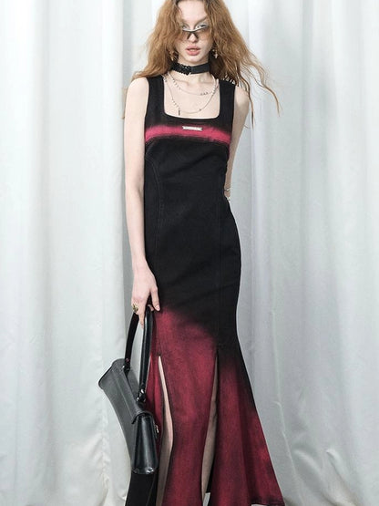 OfAkiva Of Akiva Key Color Faded Spray Dye Denim Maxi Skirt