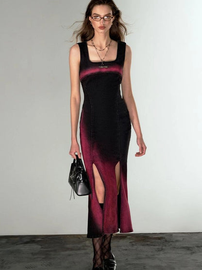 OfAkiva Of Akiva Key Color Faded Spray Dye Denim Maxi Skirt