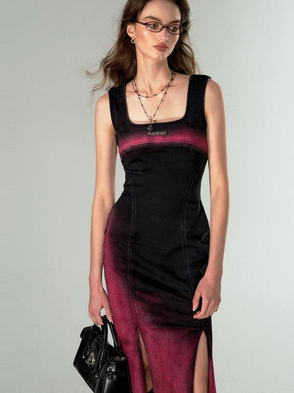 OfAkiva Of Akiva Key Color Faded Spray Dye Denim Maxi Skirt