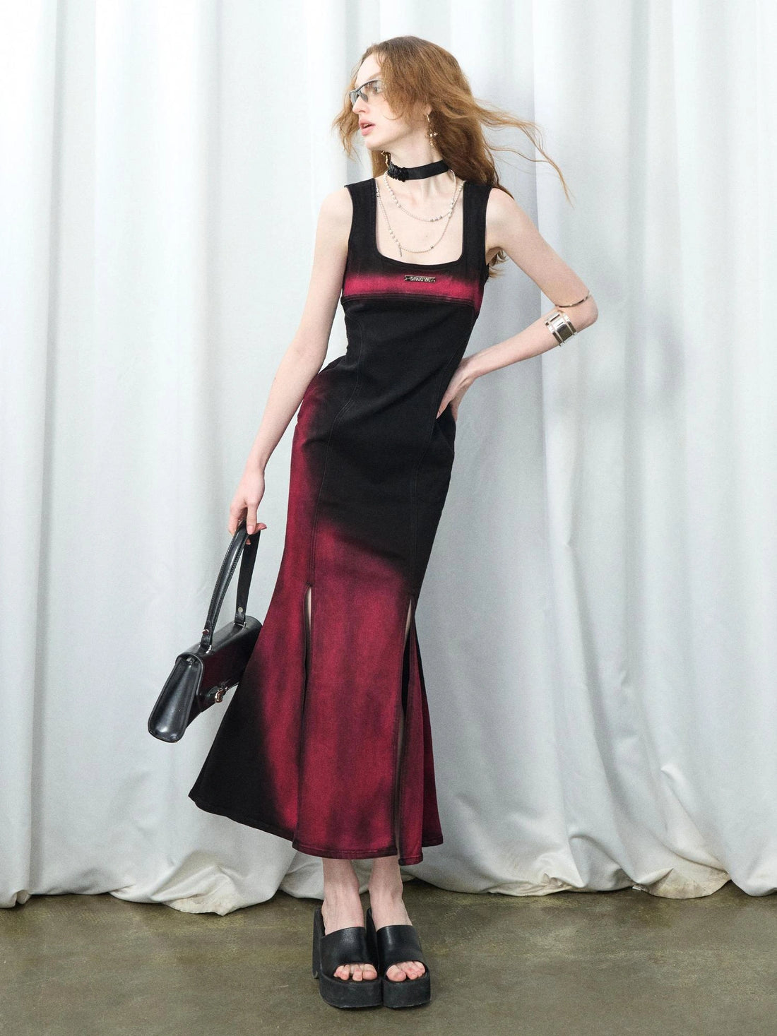 OfAkiva Of Akiva Key Color Faded Spray Dye Denim Maxi Skirt