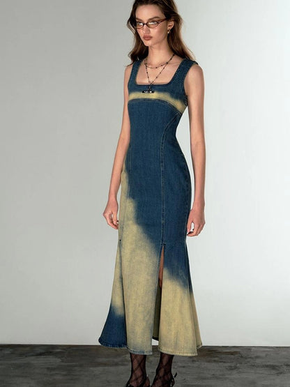 OfAkiva Of Akiva Key Color Faded Spray Dye Denim Maxi Skirt