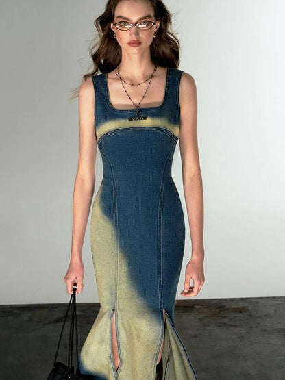 OfAkiva Of Akiva Key Color Faded Spray Dye Denim Maxi Skirt