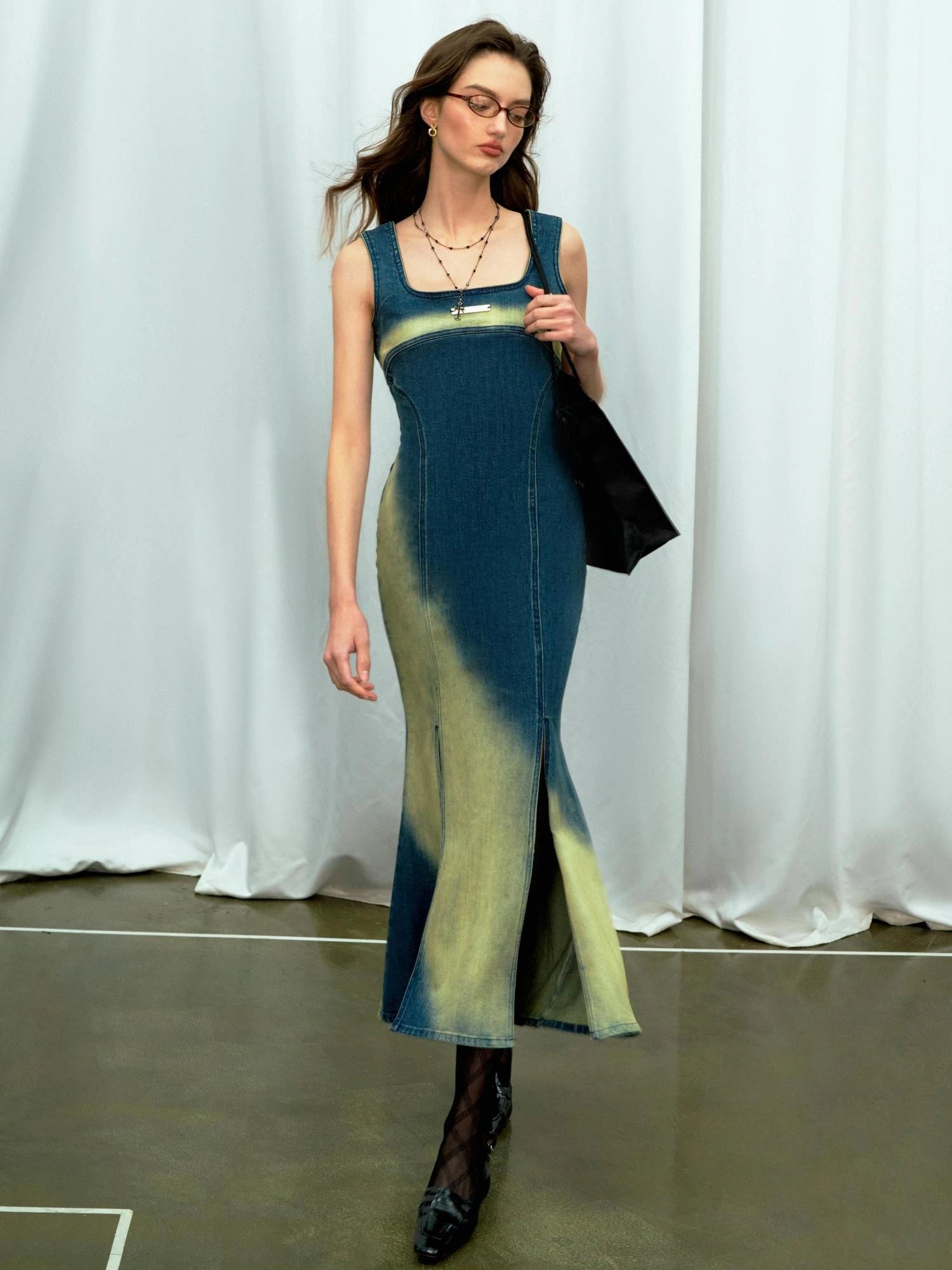 OfAkiva Of Akiva Key Color Faded Spray Dye Denim Maxi Skirt