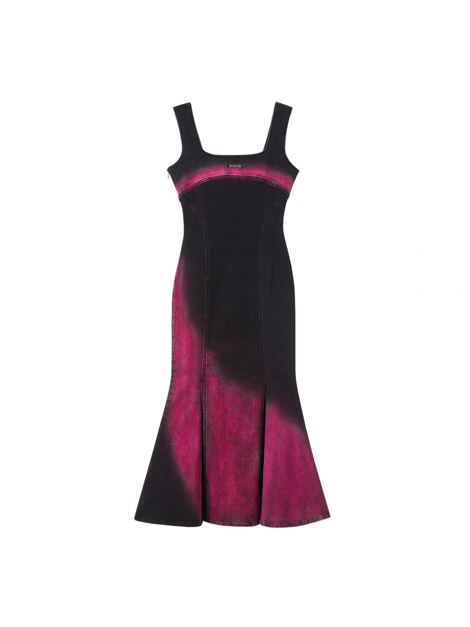 OfAkiva Of Akiva Key Color Faded Spray Dye Denim Maxi Skirt