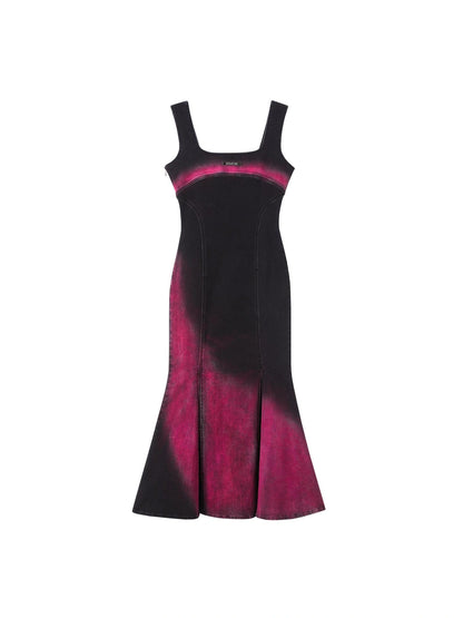 OfAkiva Of Akiva Key Color Faded Spray Dye Denim Maxi Skirt