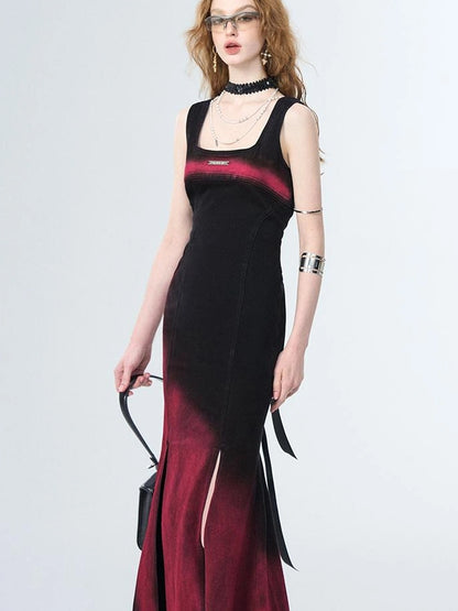 OfAkiva Of Akiva Key Color Faded Spray Dye Denim Maxi Skirt