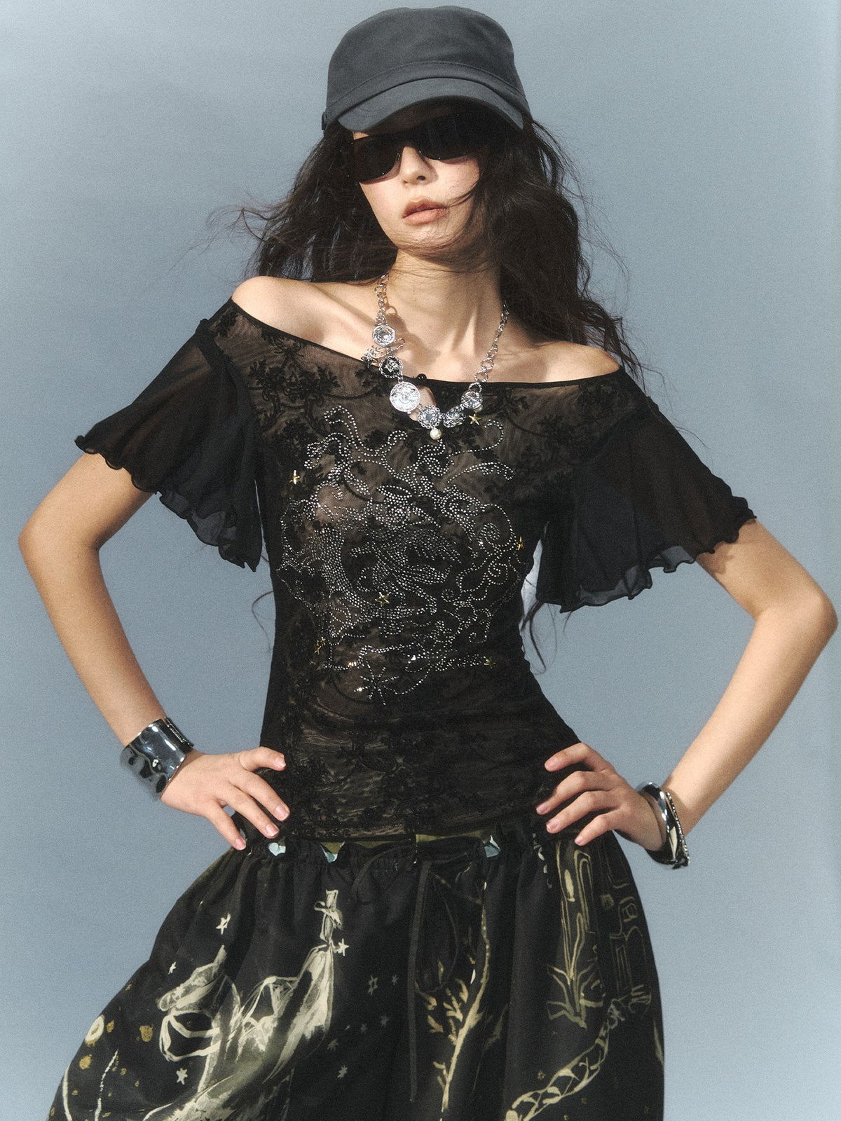 OfAkiva Off Shoulder Flocked Lace Mesh Rhinestone Ruffled Women&