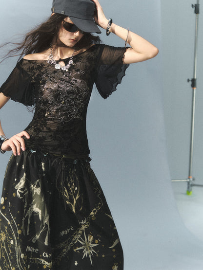 OfAkiva Off Shoulder Flocked Lace Mesh Rhinestone Ruffled Women&